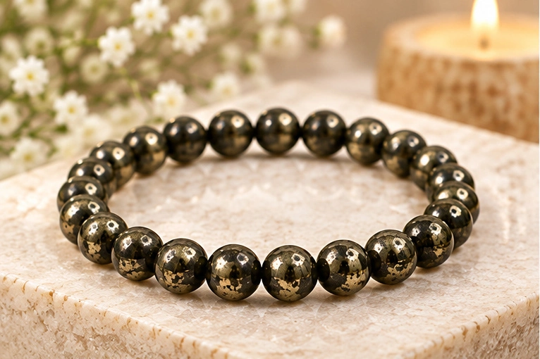 Pyrite bead bracelet photographed on a warm textured surface